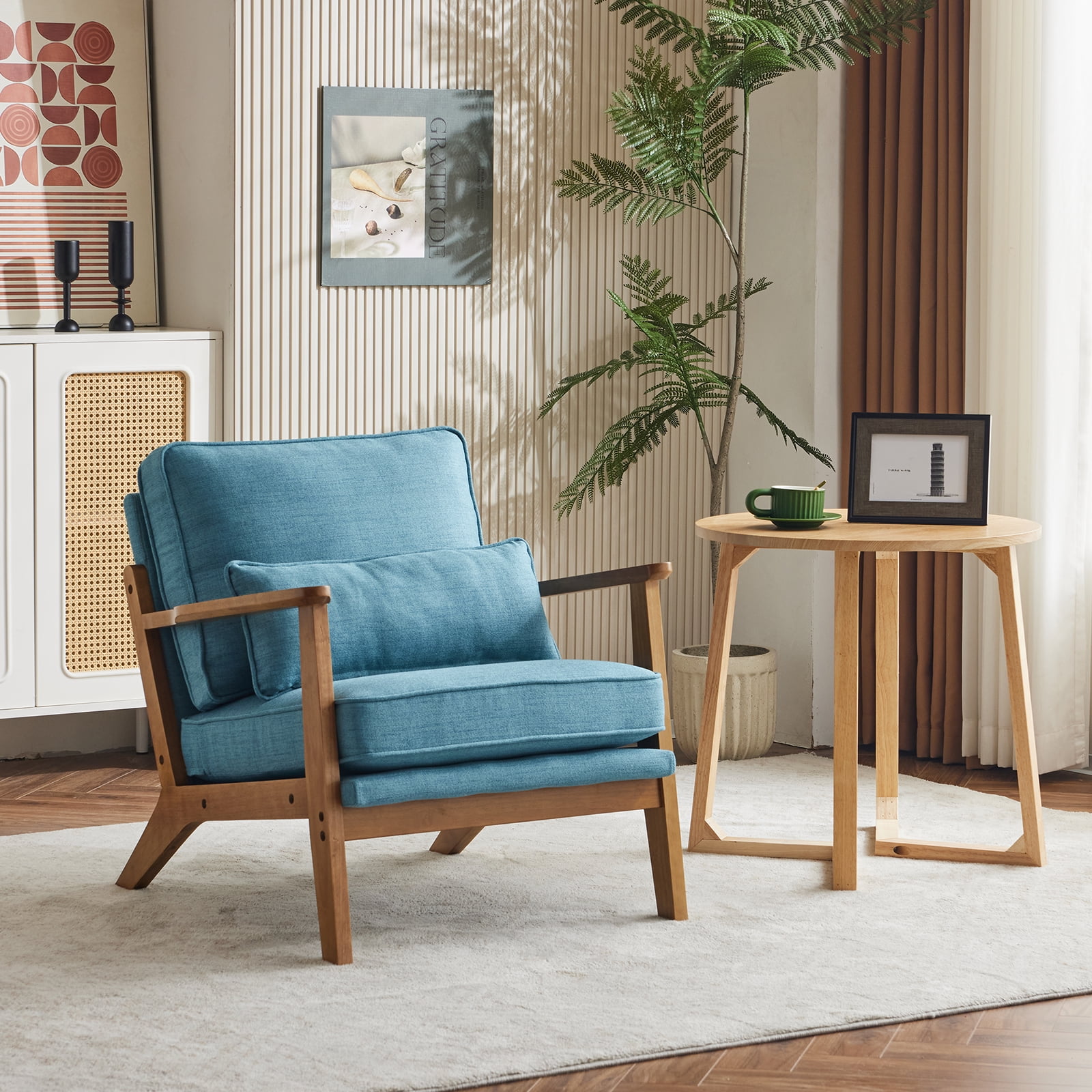 Ktaxon Accent Chair Line Fabric Upholstered Armchair, Reading Club Chair with Pillow for Living Room Bedroom Furniture Blue