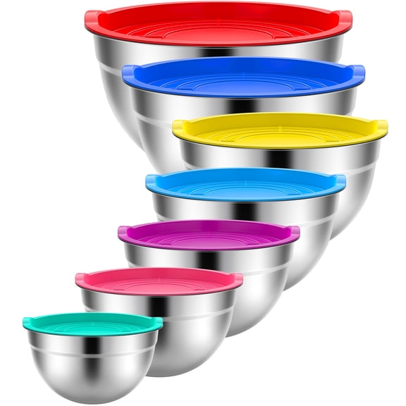 TINANA Mixing Bowls with Lids: 7 Pack Stainless Steel Mixing Bowls Set, Metal Nesting Mixing Bowls for Kitchen, 7/4.5/3.0/2.0/1.5/1.0/0.7QT, Great for Prep, Baking, Serving, Multicolor
