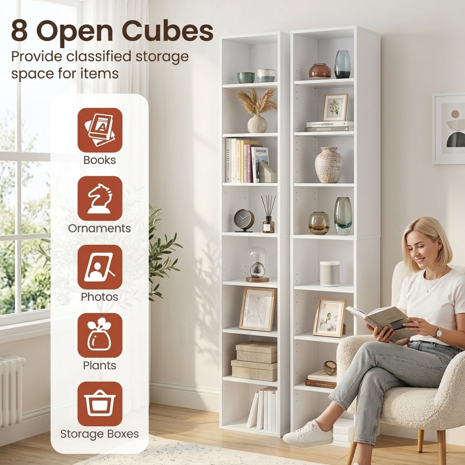 Furnibear 8-Tier Narrow Bookshelf with 4 Adjustable Shelves and Storage Cubes for Living Room Home Office Bedroom Display Storage Shelf, White