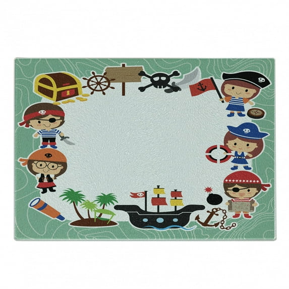 Party Cutting Board, Pirate Explorer in Cartoon Style Treasure Chest Ship Tropical Island, Decorative Tempered Glass Cutting and Serving Board, Small Size, Multicolor, by Ambesonne