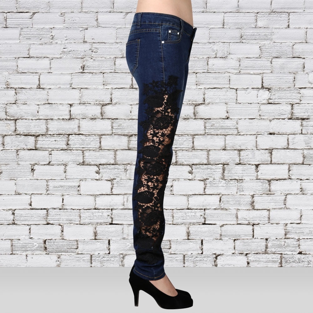 SALE Women Crochet Lace Hollowed-out Jeans Denim Trousers Skinny Pants