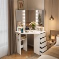 thumbnail image 2 of Corner Vanity Desk with Mirror and Lights, Makeup Vanity Table with 5 Drawers, Storage Shelves, Charging Station, Compact Vanity Dressing Table for Small Space，White, 2 of 8