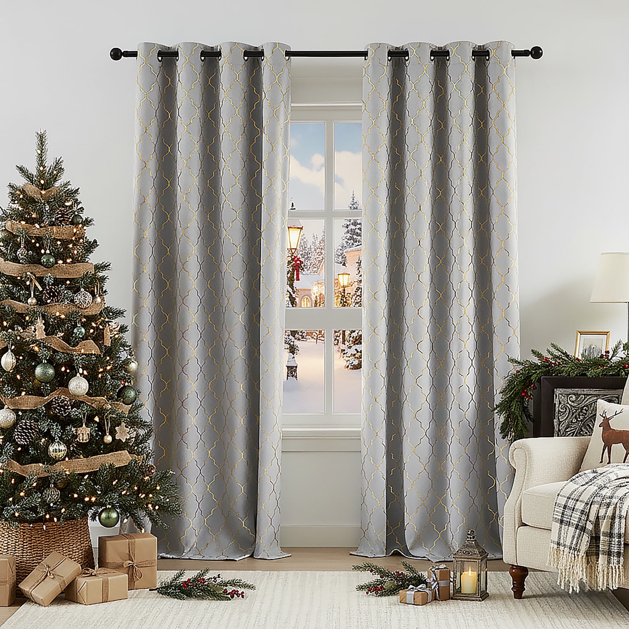 Bohogeo Grey Full Blackout Window Curtain Panels with Gold Geo Moroccan Metallic Printed Pattern,Modern Grommet Drapes for Bedroom,Thermal Insulated Window Treatment,52" Wx84 L(Pack of 2),Grey/Gold