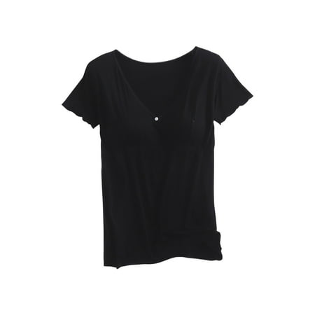 VEKDONE Clearance Maternity Tees for Women Summer Shorts Sleeve Nursing Tops Button Breastfeeding Tshirts with Built in Bra Stretchy Pregnancy Blouse Camisa de Maternidad Black XXL