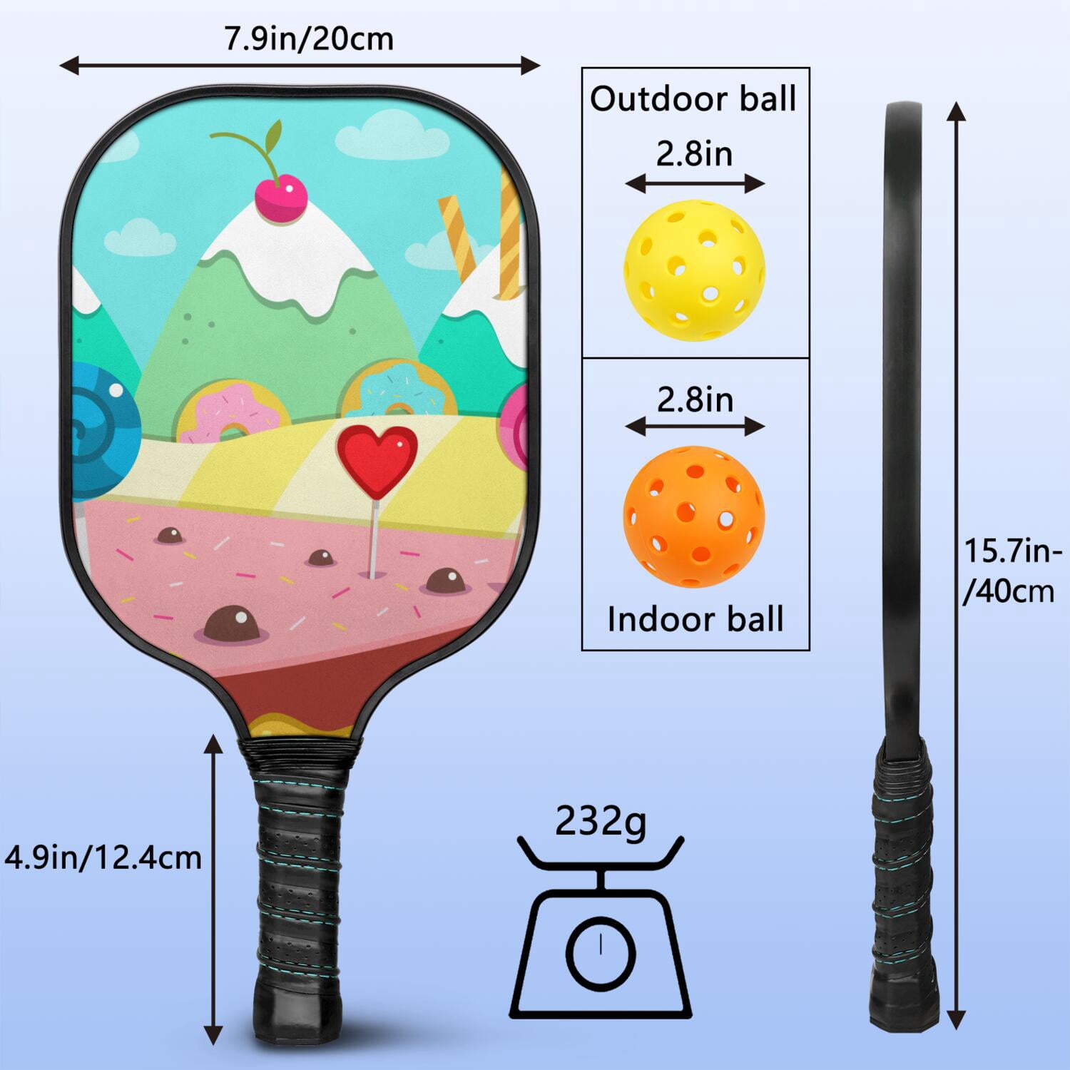 Pickleball Paddles Set Of 2, Fiberglass Surface, Sweet Candy Print, 4 Balls & Bag