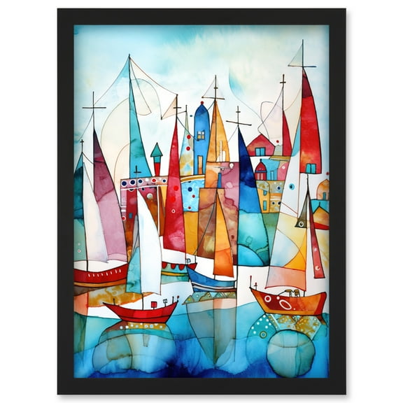 Harbour Boats Abstract Folk Art Watercolour Painting Artwork Framed Wall Art Print A4