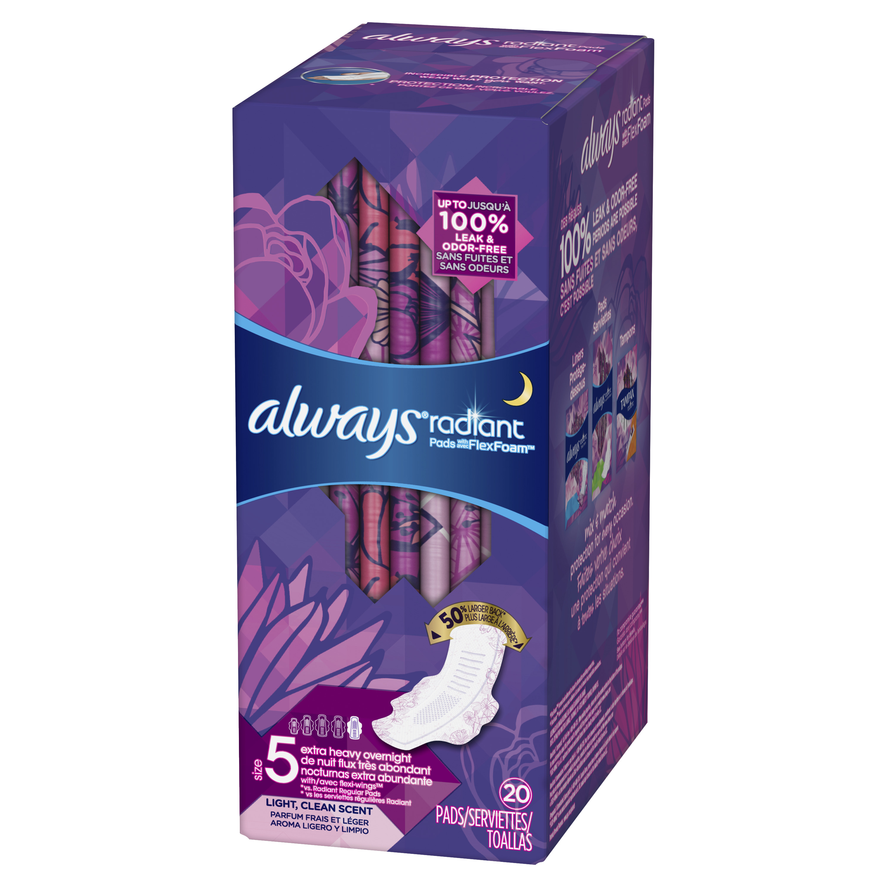 Always Radiant Extra Heavy Overnight Pads, Light Clean Scent, Size 5, 20 Ct