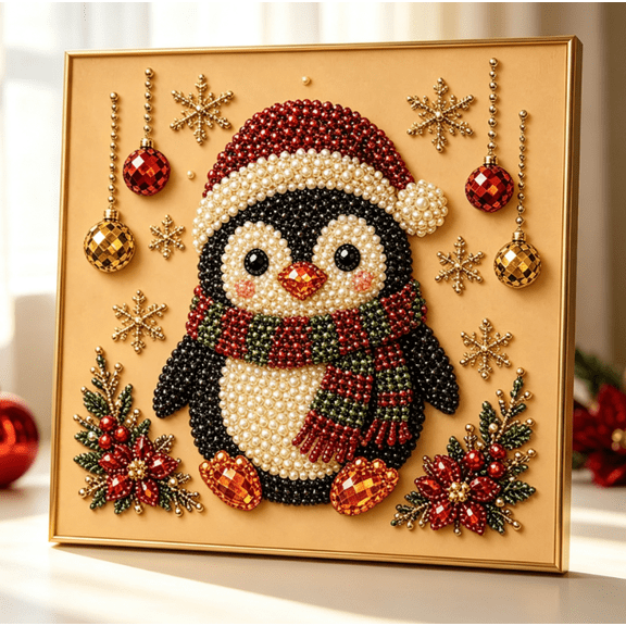 DIY Christmas Pearl Diamond Painting Art Kit with Frame, Christmas Pearl Beads Art DIY Christmas Pearl Diamond Painting Art Kit Gemstone Diamond Dots Beads for Home Wall Decor(Penguin)