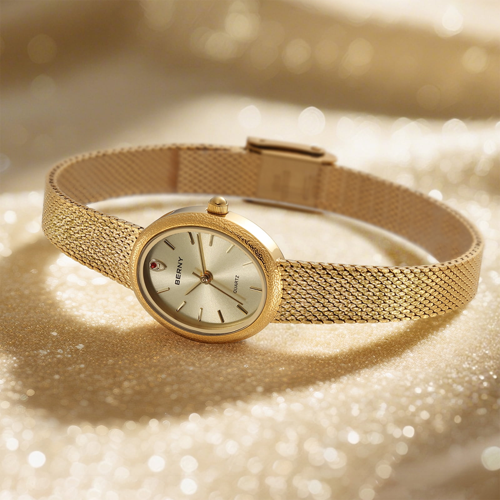 BERNY Small Gold Watches for Women, Dainty Minimalist Oval Dial, Vintage Stainless Steel Bracelet Watch, Adjustable Mesh Band, Waterproof, Luxury Ladies Analog Quartz Wrist Watch Gifts (Gold)