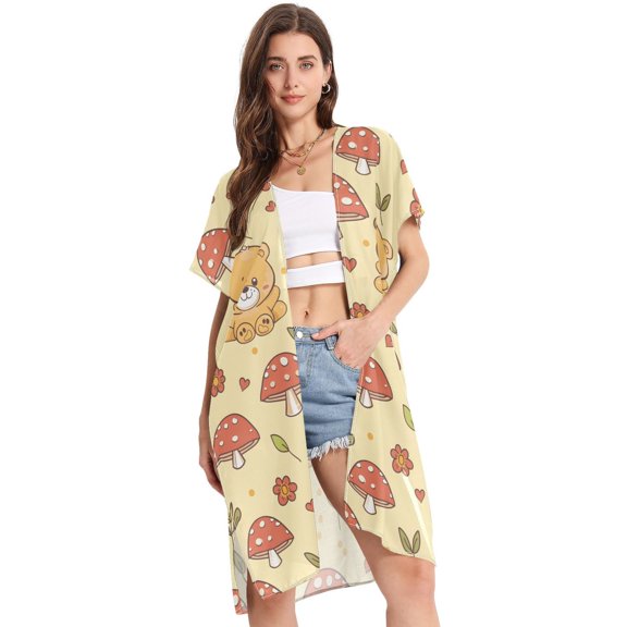 Beach Vacation Clothes Kimono Cardigan Loose Swimsuit Cover Up for Women Cute Teddy Bear and Mushroom S
