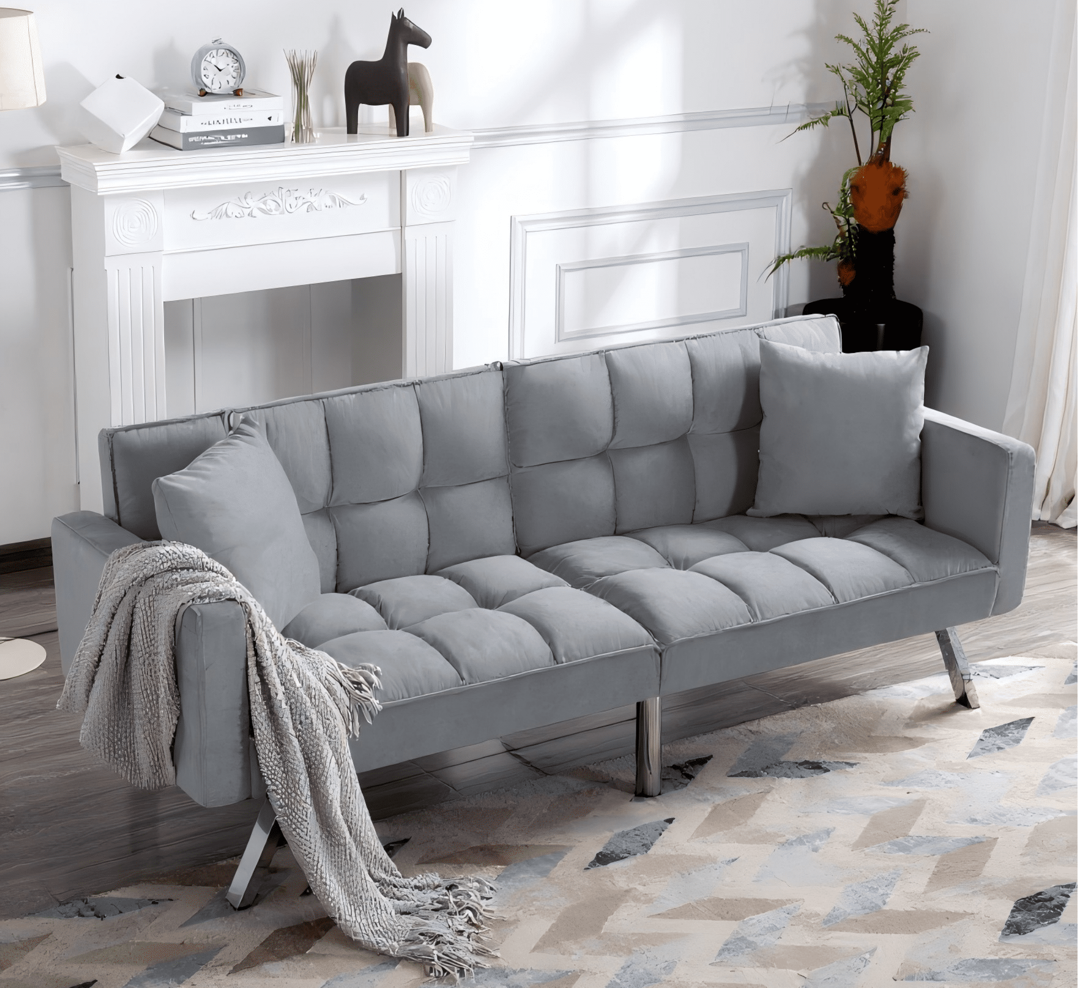 Gewnee 74"Velvet Upholstered Modern Convertible Futon, Adjustable Folding Sofa Bed, Guest Bed for Living Room Bedroom (Gray)
