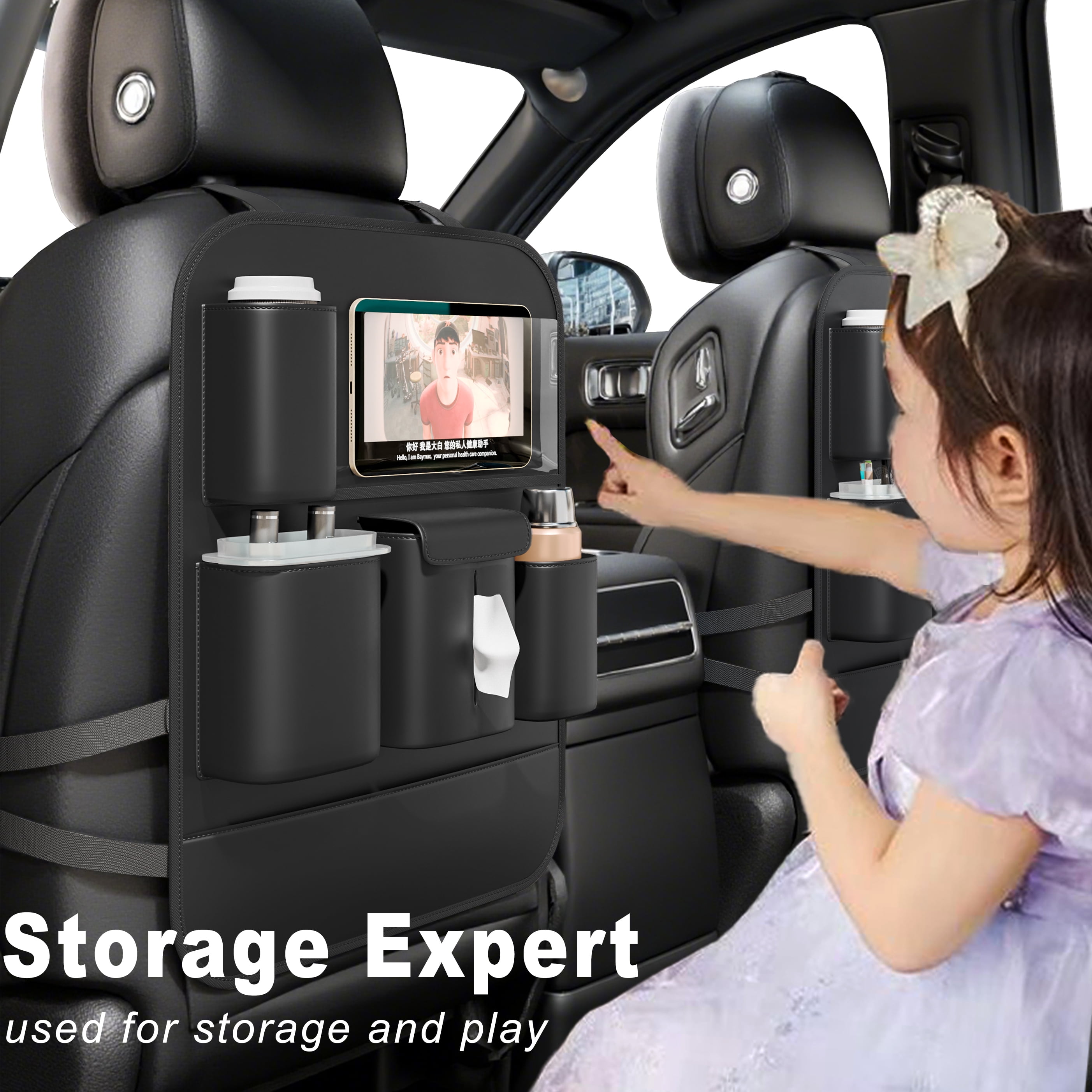 GMQ Backseat Car Organizer with Touch Screen,Protectors Kick Mats Travel Accessories for Kids,Multifunctional Seat Back Organizer Car Travel Organizer Accessories