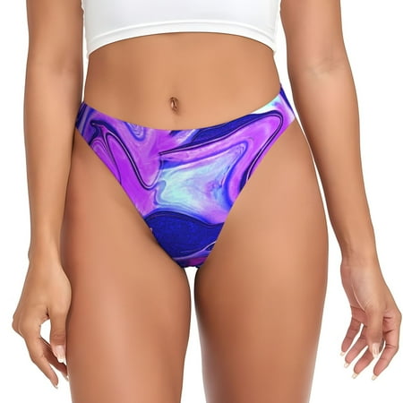 Qokaie Swirl Print Blue Purple1 Printed Women s Cotton Thong Underwear  Sexy Breathable Panties G-string-Small