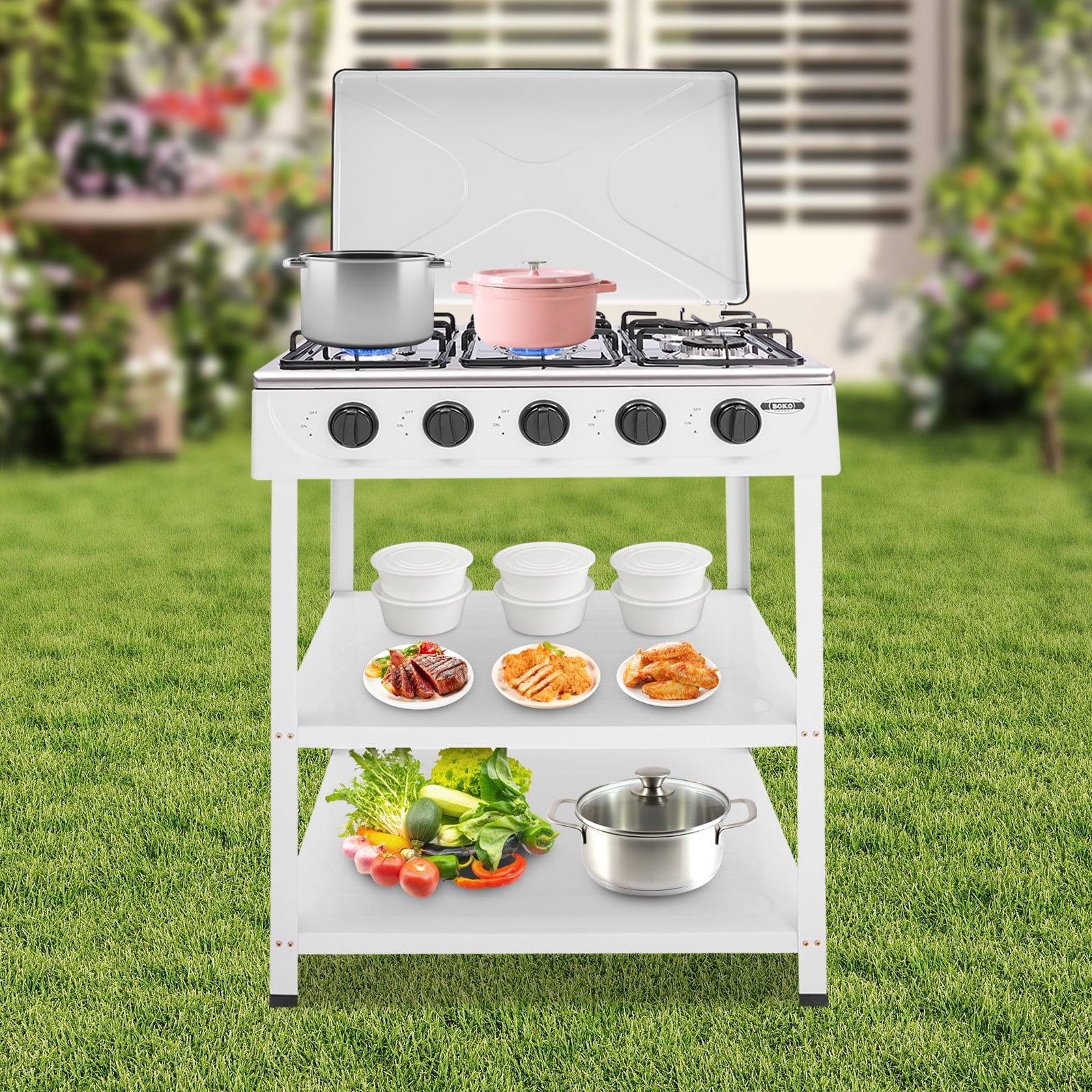 Peakora Portable Natural Gas Stove with Control Knobs and Two Placement Boards White 2.5kw Propane Gas Stove with 5 Burners Multifunctional Energy Efficient for Outdoor Activities