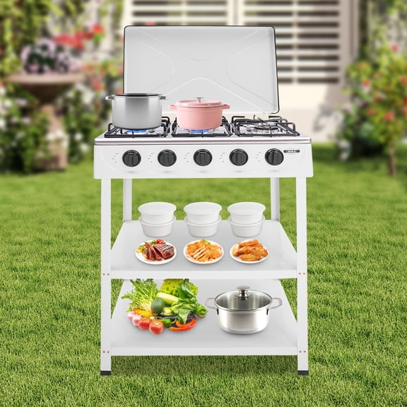 Portable Gas Stove, 5 Burners with Support Leg Stand and Wind Blocking Cover, Manual Ignition Camping Stove for RV, Backyard, Apartment Outdoor Cooking (White)
