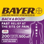 Bayer Back & Body Extra Strength Pain Reliever Aspirin w Caffeine, 500mg Coated Tablets, 200 Count