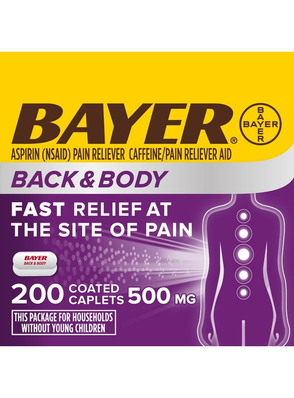 Bayer Back & Body Extra Strength Pain Reliever Aspirin w Caffeine, 500mg Coated Tablets, 200 Count