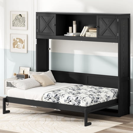 Euroco Full Size Murphy Bed with Cabinet, Storage Wall Bed for Guest Room, Black