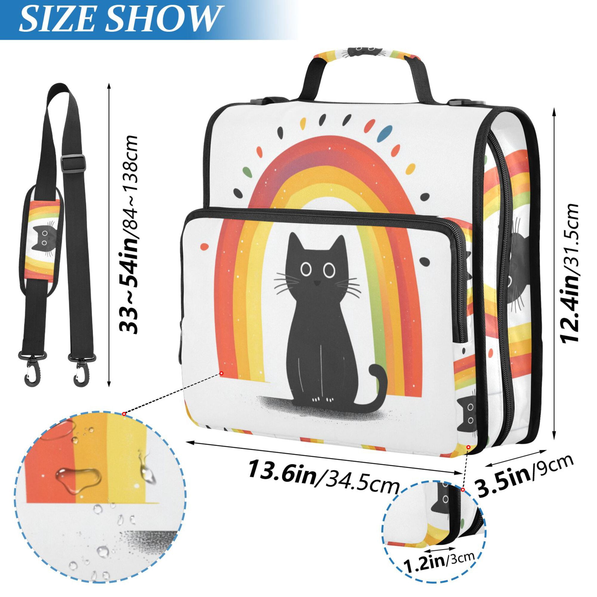 FORMRS Zipper Binder with Shoulder Strap 2-inch Ring 500 Sheet Capacity File Bag, Black Cat Rainbow