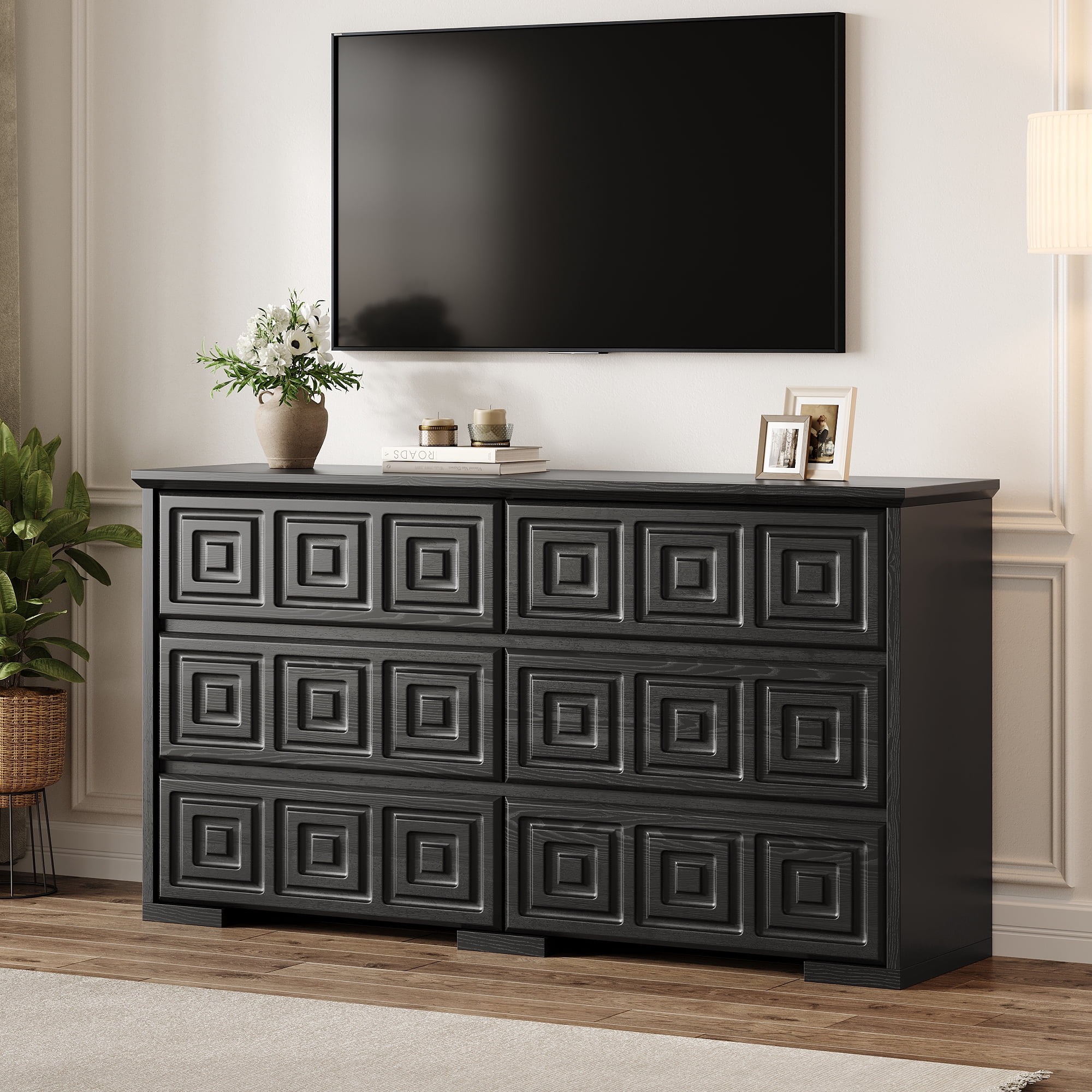 Laintene Farmhouse Dressers for Bedroom, 54" Wide 6 Drawer Dresser with Carved Panel Design, Large Storage Chest of Drawers for Bedroom, Living Room, Black