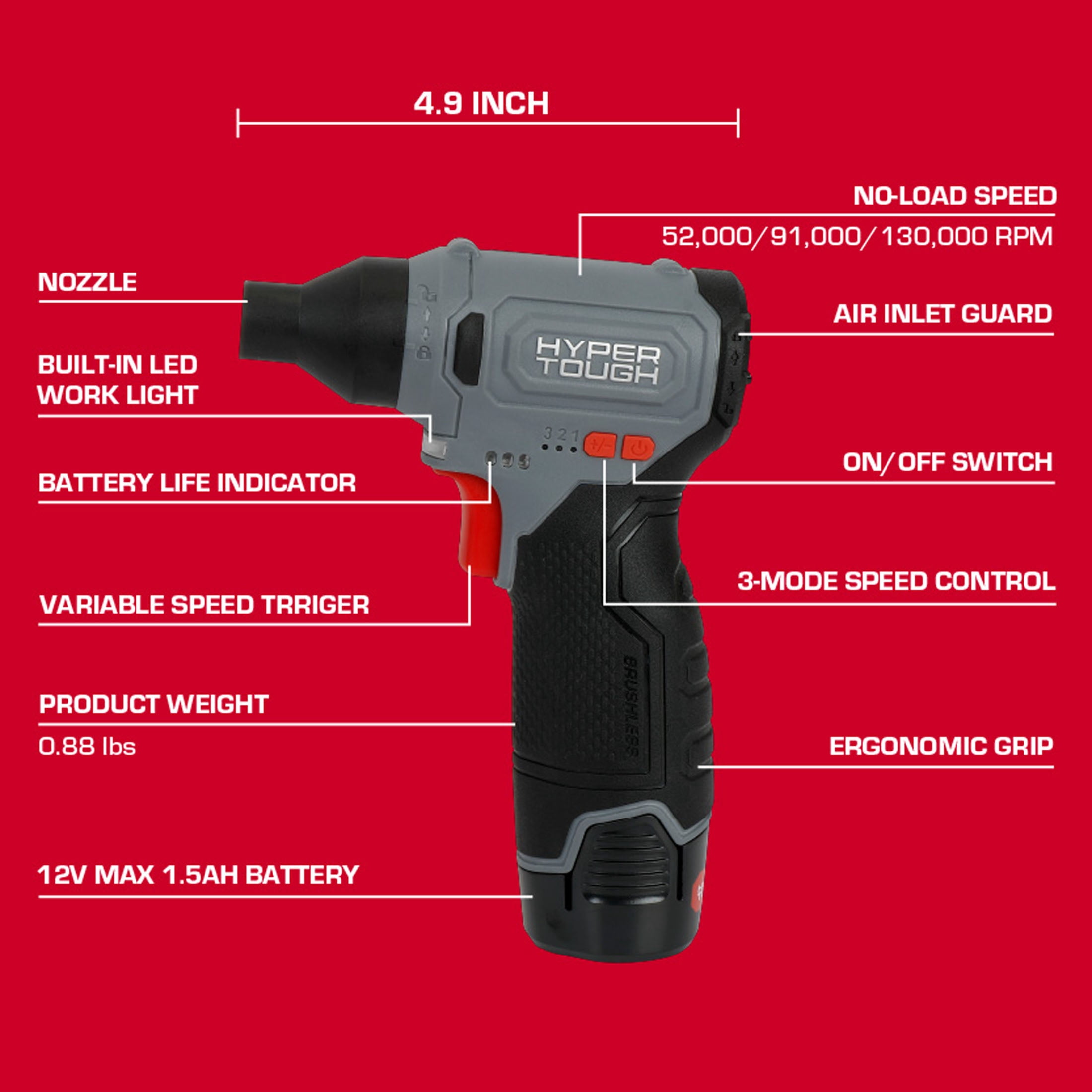 Hyper Tough 12V 180-MPH Cordless Blower with 1.5Ah Battery