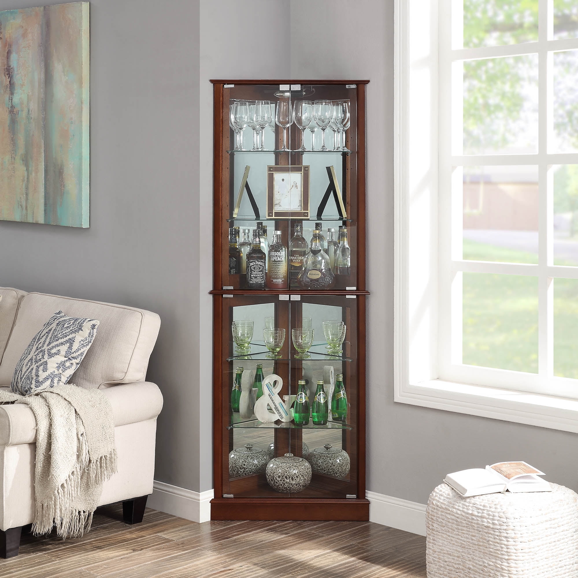 Belleze Woody Lighted Corner Curio Cabinet Tempered Glass Door 6