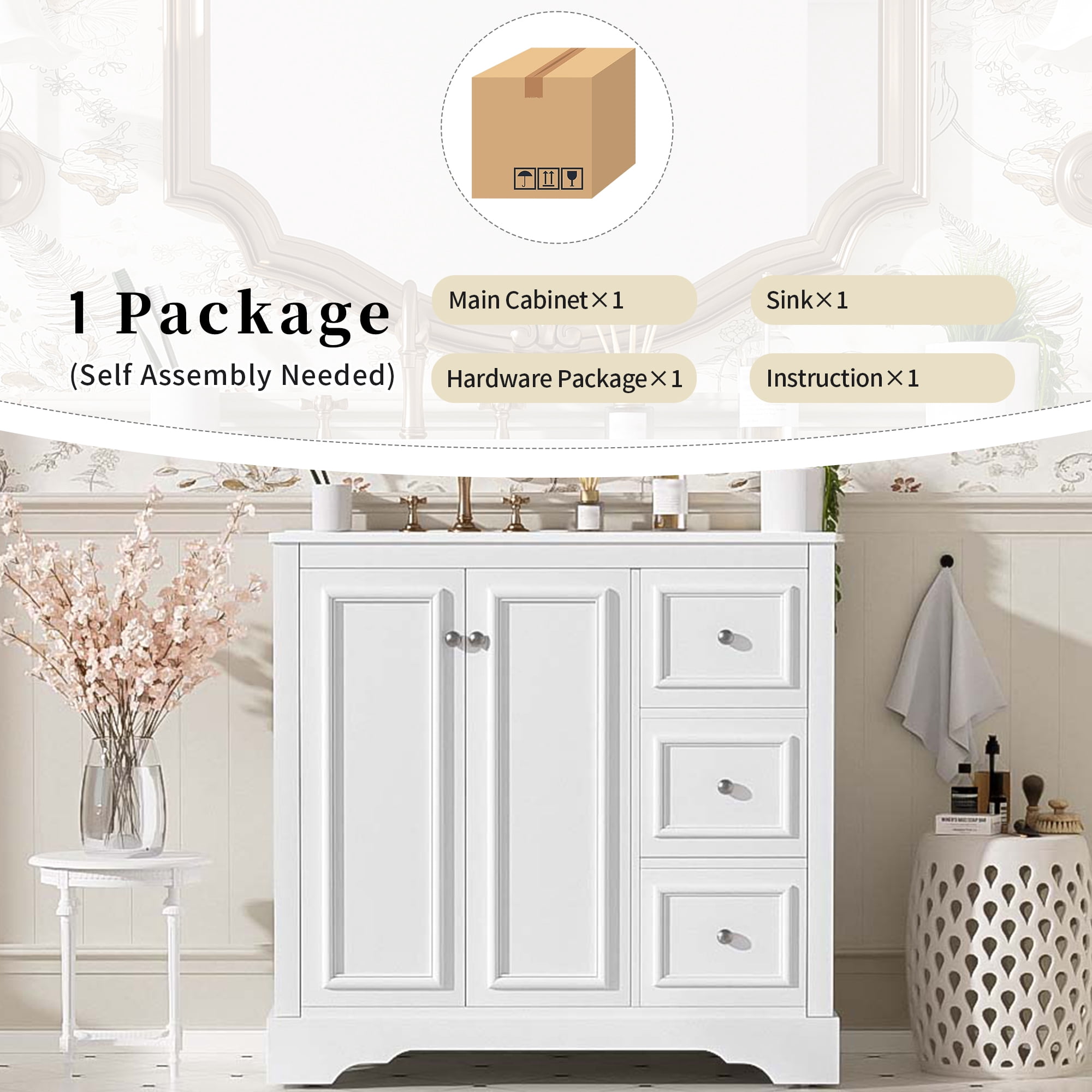 Euroco 36'' transitional bathroom vanity with ceramic sink – features 2 soft-close doors, an adjustable U-shaped shelf, 3 drawers (including one with divider), painted finish, and ample storage space