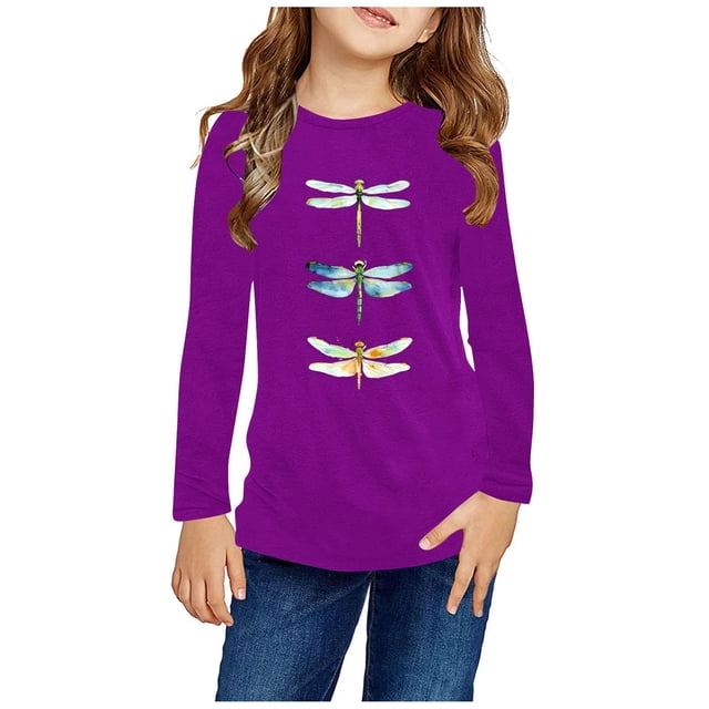 RXIRUCGD Chemises à Manches Longues pour Filles, Col Rond Mignon, Blouses Décontractées Élégantes (Violet, Taille : 4 Ans)