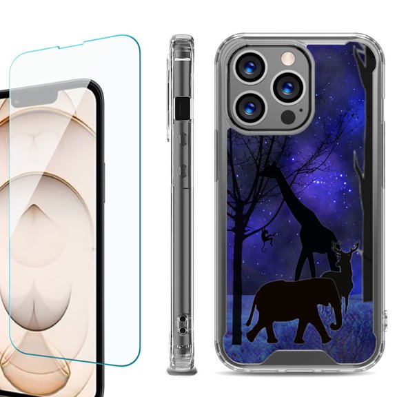 Shockproof Bumper Phone Case for iPhone 13 Pro Max, with Tempered Glass Screen Protector, by OneToughShield ® - Midnight Safari