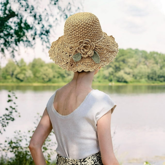 Sombrero de Playa Plegable de Paja para Mujer | Sombrero para El Sol Tejido a Mano con Decoración Floral | Sombrero Transpirable de Ala Ancha con Protección Solar para Viajes de Verano, Jardinería, P