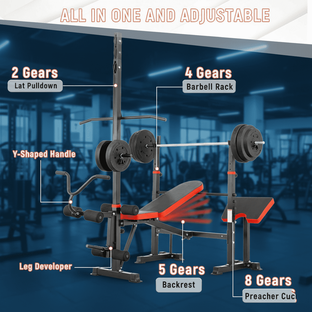 PUATUL 1500 LBS  Adjustable Weight Bench Set with Lat Pulldown, Leg Extension and Leg Curl, Foldable Bench Press Station with Preacher Curl and Squat Rack, Safety Catches Workout Benches for Home Gym