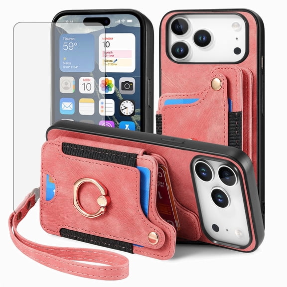Phone Case for iPhone 17 Pro Max 6.9 inch Wallet Cell Cover with Tempered Glass Screen Protector Slim Lanyard Wrist Strap RFID Ring Stand Credit Card Holder Slot i Phone17 17Pro i17 PM 17ProMax Pink
