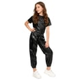 thumbnail image 2 of Xnihocha Kids Girls Metallic Jazz Dance Outfit Short Sleeve Sparkly T-shirt and Pants Shiny Hip Hop Dancewear Black 130, 2 of 7
