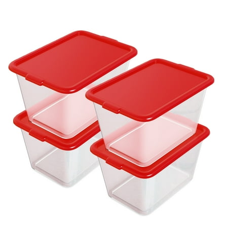 14.5 Gal 4-Pack Stackable Clear Storage Bins with Lids See-Through Plastic Totes 14.5-Gallon (58-Quart) -Red&Clear