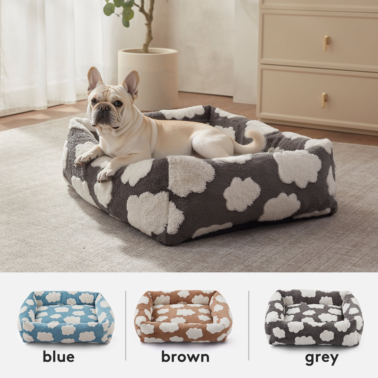 Cute Dog Bed for Medium Dogs, Cozy Rectangle Orthopedic Sofa , Washable Pet Beds with Jacquard Shaggy Plush and Anti Slip Bottom, Gray, 25"x21"x7"