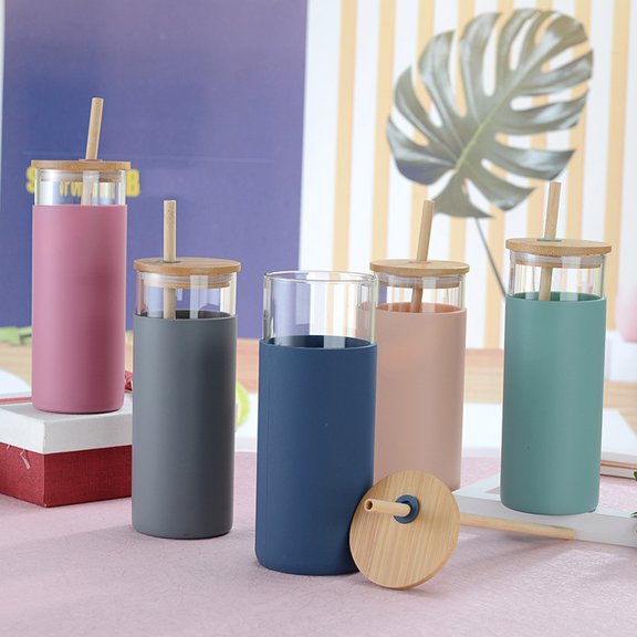 Ludlz 20oz Glass Tumbler Straw Silicone Protective Sleeve Bamboo Single-Wall Tumbler Protective Sleeve Wood Lid Glass Cup Bottle with Straw