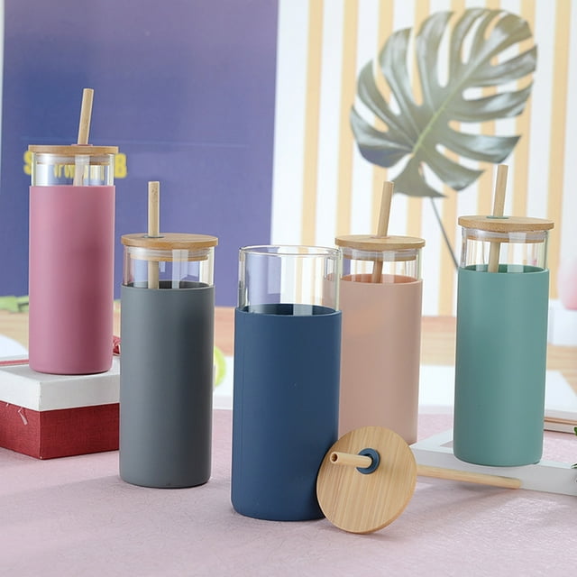 Hevirgo 20oz Single-Wall Tumbler Protective Sleeve Wood Lid Glass Cup Bottle with Straw