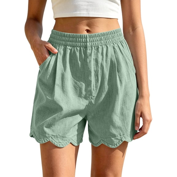 Maqroz Shorts for Women Casual Summer Bottoms High Elastic Waistband Unique Scalloped Hemline Design Beach Vacation Apparel Lightweight Trousers with Side Pockets