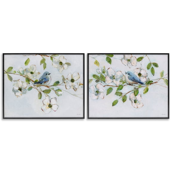 Stupell Industries Perched Bluebirds on Branch Floral Painting Black Framed Art Print Wall Art, 14 x 11, Set of 2