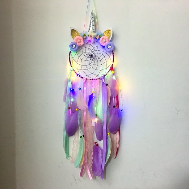 Atrapasueños de unicornio con luz LED de colores para dormitorio de niñas y niños, adorno colgante para pared, regalo para festivales (rosa)