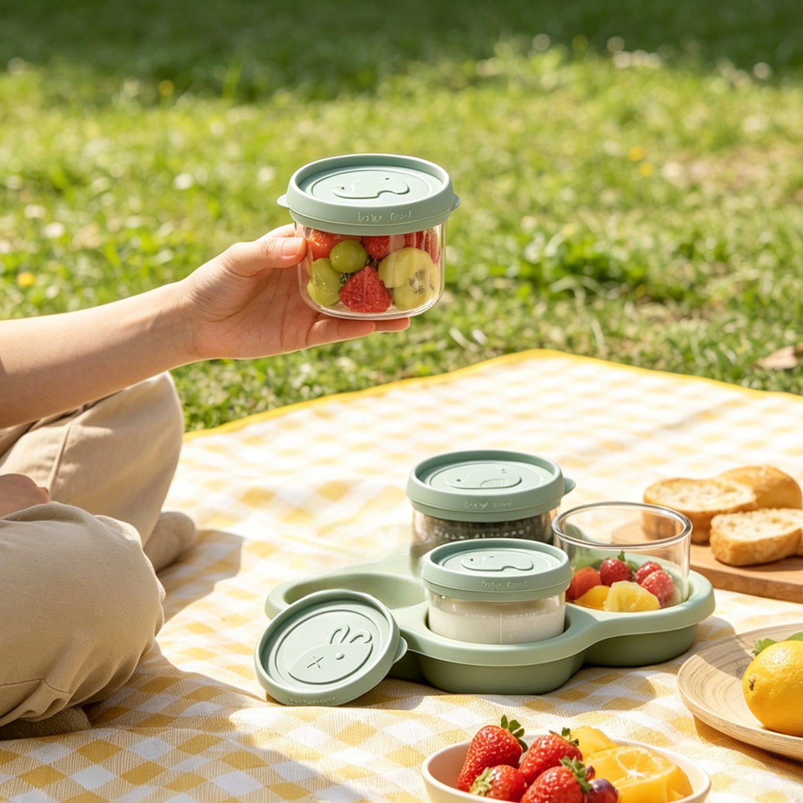 4-Cup Glass Baby Food Storage Containers with Airtight Lids, Leakproof Freezer & Microwave Safe Snack Jars with Silicone Tray