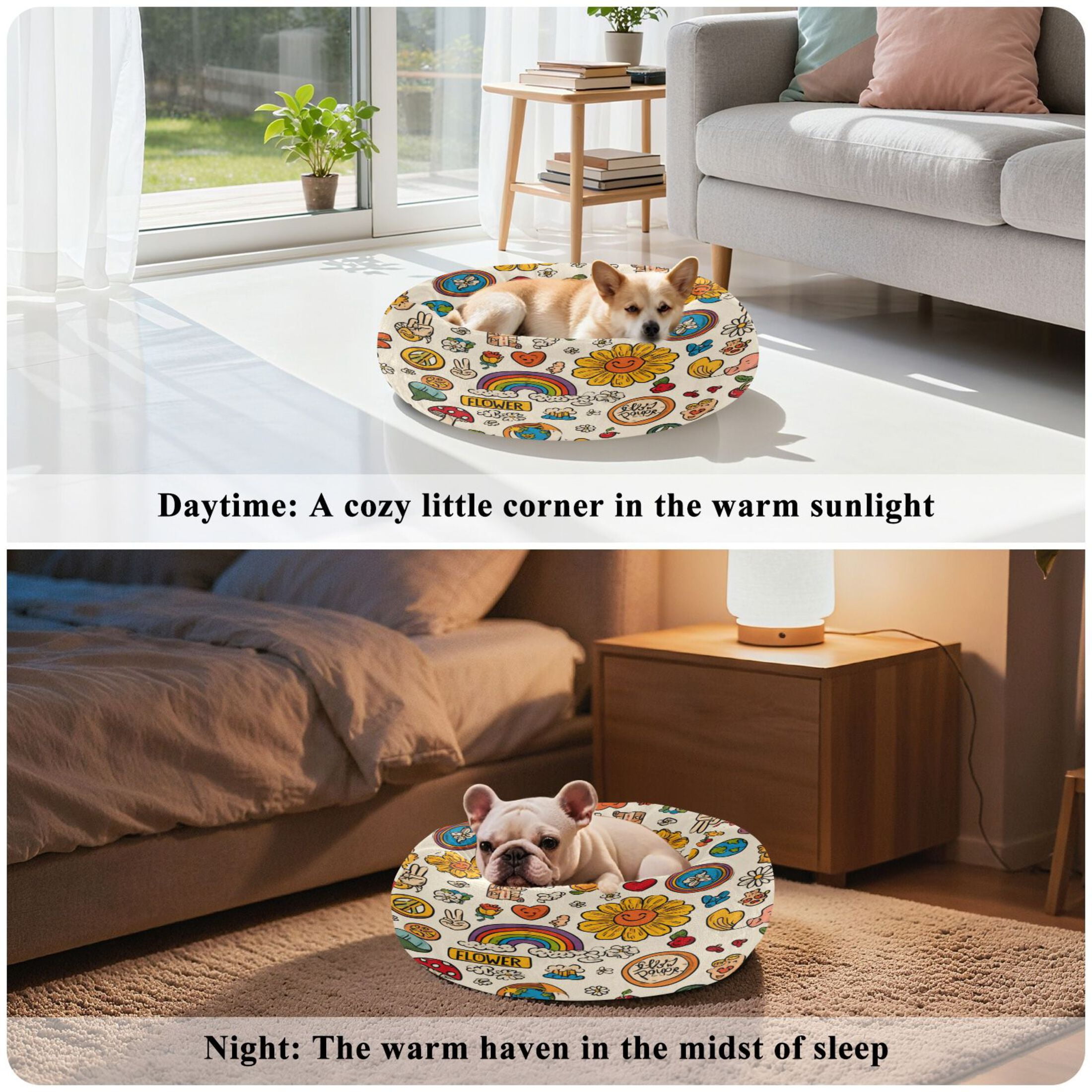 Iauyy Pet Couch Donut Cat Bed for Indoor Cats/Small Dogs Washable & Machine with Non-slip Bottom Calming Cat Furniture, Retro Hippie Logo (XS)