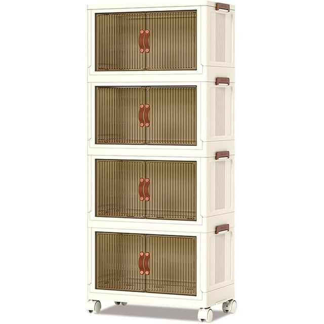 4-Tier Stackable 72QT Plastic Storage Bins - Foldable Storage Containers with Wheels & Double Doors for Home, Office, Dorm