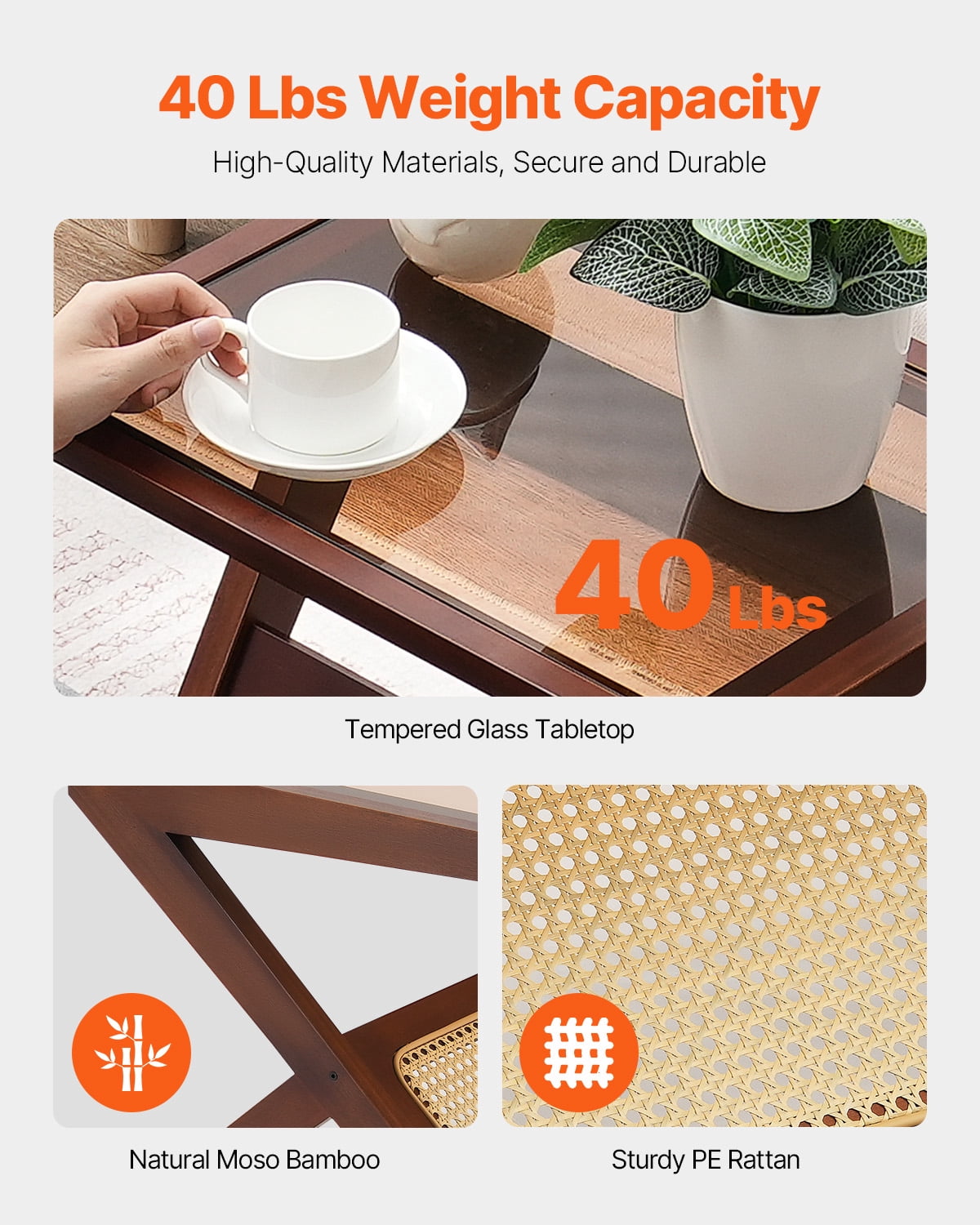 KFFKFF Bamboo Coffee Table, Contemporary Z-Form Rattan Weaved Table with Reinforced Glass Surface, 20” Bohemian Style Storage Table with Authentic Bamboo Stands, Suitable for Lounge, Bedroom