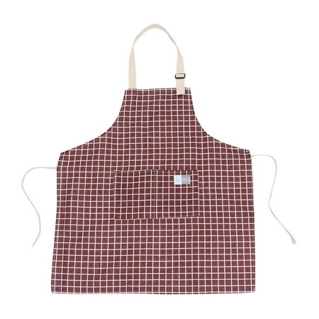

Cotton and Linen Aprons Checkered Adjustable Halter Apron with Pockets Cooking Smock (Coffee)