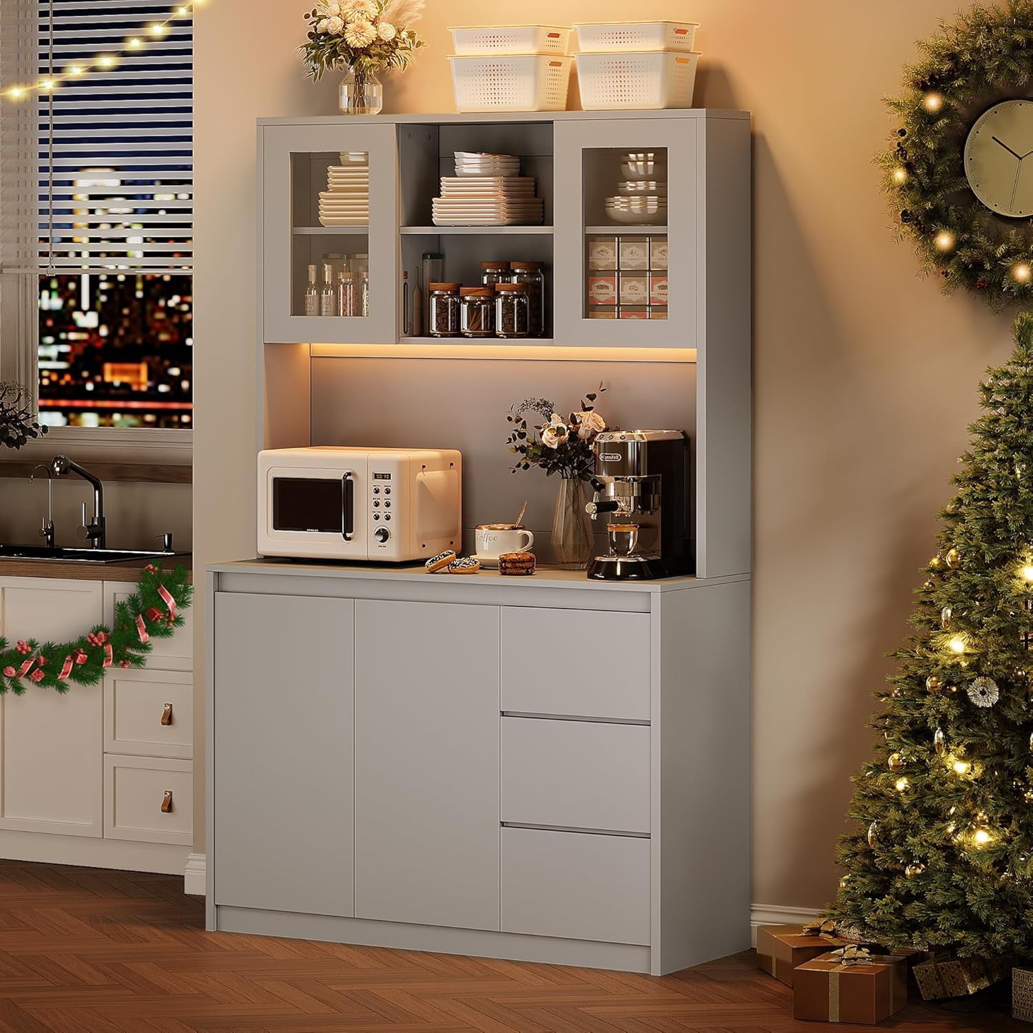 71" Pantry Cabinet with Charging Station,Tall Kitchen Pantry Storage Cabinet with Led Lights,Kitchen Hutch with Microwave Stand for Dining Room, Living Room