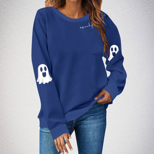 Ailaofu Women's Ghost Skull Crop Sweatshirt Fall Halloween Long Sleeve Pullover Spooky Season Sweatshirt