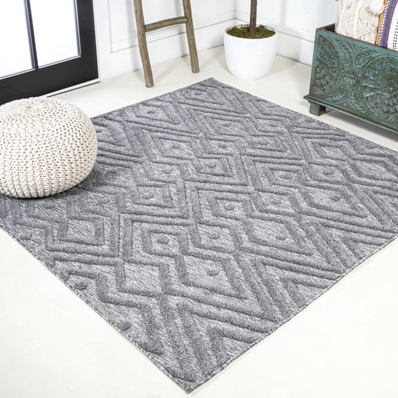 JONATHAN Y IBIZA 5' Square Area Rug, Balansat Moroccan Diamond - Dark Gray, IBZ100A-5SQ