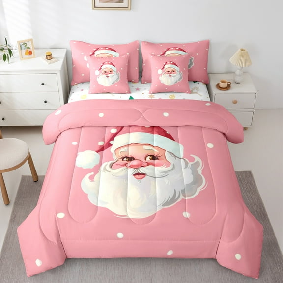 Manfei Cartoon Santa Claus Twin Bedding Sets 7-Piece for Kid, Merry Christmas Bedding Comforter Set, Pink Princess Style Reversible Sheet Sets, Super Cozy Room Decor