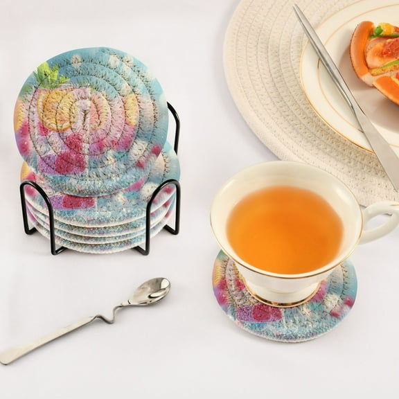 YAZAOO 6Pcs Drink Coasters With Holder 3.94Inch Colorful Cocktails with Fruit Creative Coil Coaster Coasters Colors Absorbent Coasters for Drinks Coasters Set Thicken Heat for Home Table